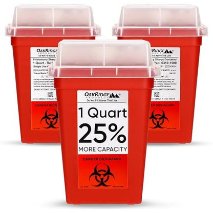 Oakridge Products Sharps Container für den Hausgebrauch und professionelle Nutzung 1 Quart (3er-Pack), Biohazard-Nadel- und Spritzenentsorgung, kleiner tragbarer Behälter für Reisen, CDC-zertifiziert