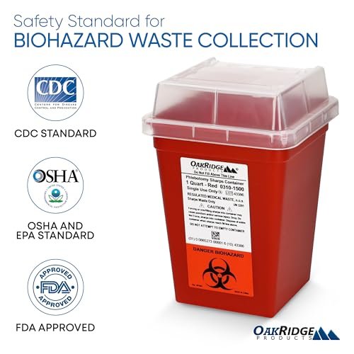 Oakridge Products Sharps Container für den Hausgebrauch und professionelle Nutzung 1 Quart (3er-Pack), Biohazard-Nadel- und Spritzenentsorgung, kleiner tragbarer Behälter für Reisen, CDC-zertifiziert
