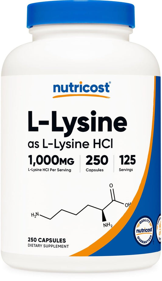 Nutricost L-Lysin 1000mg, 250 Kapseln - 500mg pro Kapsel, Glutenfrei, Nicht-GVO