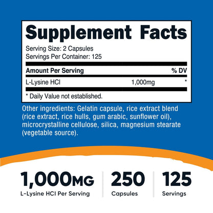 Nutricost L-Lysin 1000mg, 250 Kapseln - 500mg pro Kapsel, Glutenfrei, Nicht-GVO