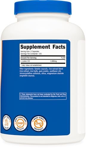 Nutricost L-Lysin 1000mg, 250 Kapseln - 500mg pro Kapsel, Glutenfrei, Nicht-GVO