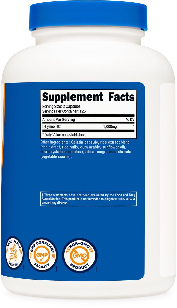 Nutricost L-Lysin 1000mg, 250 Kapseln - 500mg pro Kapsel, Glutenfrei, Nicht-GVO