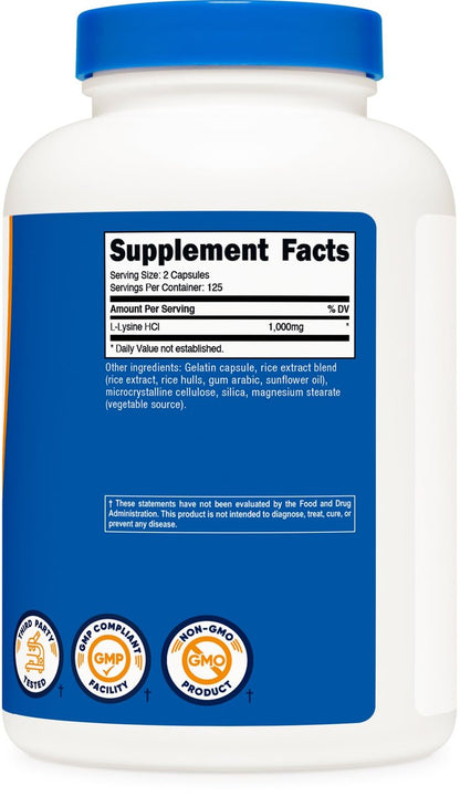 Nutricost L-Lysin 1000mg, 250 Kapseln - 500mg pro Kapsel, Glutenfrei, Nicht-GVO