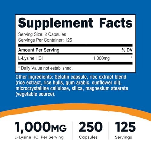 Nutricost L-Lysin 1000mg, 250 Kapseln - 500mg pro Kapsel, Glutenfrei, Nicht-GVO