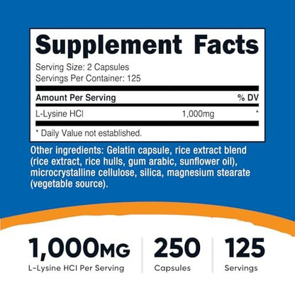 Nutricost L-Lysin 1000mg, 250 Kapseln - 500mg pro Kapsel, Glutenfrei, Nicht-GVO