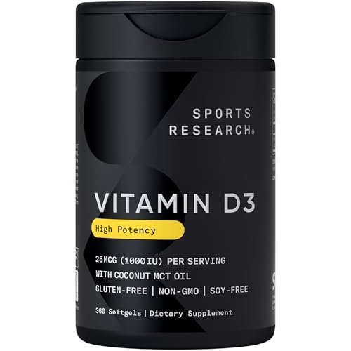 Sports Research® Vitamin D3 1000 IE mit Kokos-MCT-Öl – Hochdosiertes Vitamin-D-Präparat für Immun- und Knochenunterstützung – Glutenfrei · Nicht-GVO · Sojafrei – 360 Weichkapseln