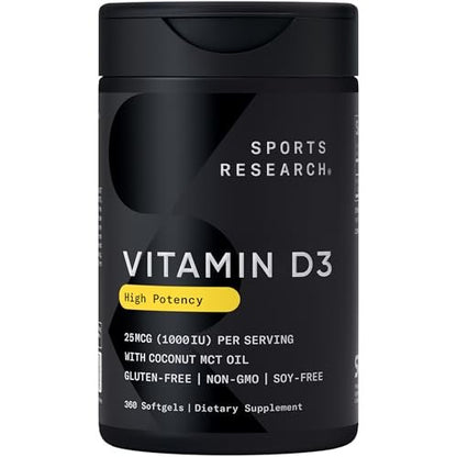 Sports Research® Vitamin D3 1000 IE mit Kokos-MCT-Öl – Hochdosiertes Vitamin-D-Präparat für Immun- und Knochenunterstützung – Glutenfrei · Nicht-GVO · Sojafrei – 360 Weichkapseln