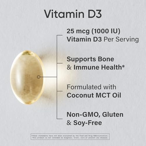 Sports Research® Vitamin D3 1000 IE mit Kokos-MCT-Öl – Hochdosiertes Vitamin-D-Präparat für Immun- und Knochenunterstützung – Glutenfrei · Nicht-GVO · Sojafrei – 360 Weichkapseln