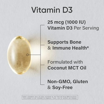Sports Research® Vitamin D3 1000 IE mit Kokos-MCT-Öl – Hochdosiertes Vitamin-D-Präparat für Immun- und Knochenunterstützung – Glutenfrei · Nicht-GVO · Sojafrei – 360 Weichkapseln