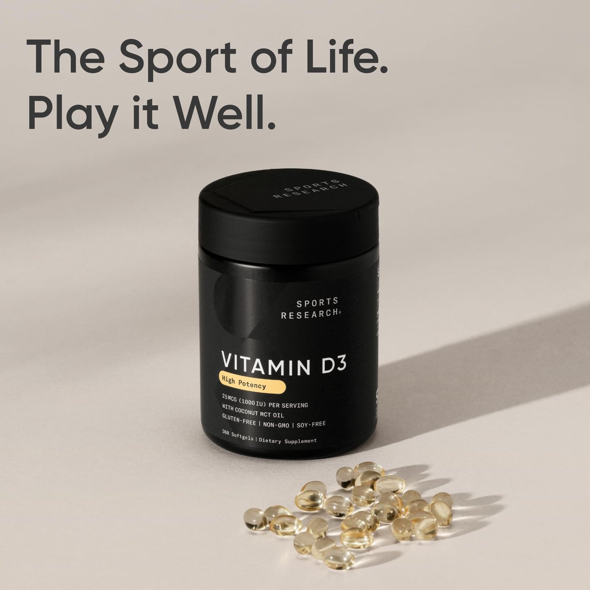 Sports Research® Vitamin D3 1000 IE mit Kokos-MCT-Öl – Hochdosiertes Vitamin-D-Präparat für Immun- und Knochenunterstützung – Glutenfrei · Nicht-GVO · Sojafrei – 360 Weichkapseln