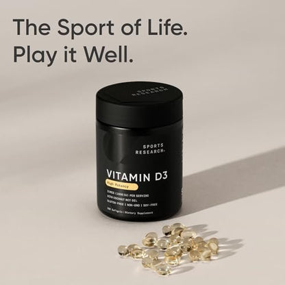 Sports Research® Vitamin D3 1000 IE mit Kokos-MCT-Öl – Hochdosiertes Vitamin-D-Präparat für Immun- und Knochenunterstützung – Glutenfrei · Nicht-GVO · Sojafrei – 360 Weichkapseln