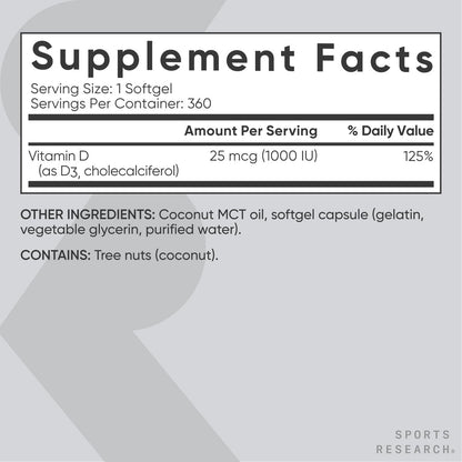 Sports Research® Vitamin D3 1000 IE mit Kokos-MCT-Öl – Hochdosiertes Vitamin-D-Präparat für Immun- und Knochenunterstützung – Glutenfrei · Nicht-GVO · Sojafrei – 360 Weichkapseln