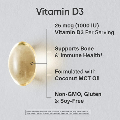 Sports Research® Vitamin D3 1000 IE mit Kokos-MCT-Öl – Hochdosiertes Vitamin-D-Präparat für Immun- und Knochenunterstützung – Glutenfrei · Nicht-GVO · Sojafrei – 360 Weichkapseln