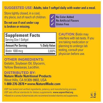 Nature Made Biotin 1000 mcg Weichkapseln – Nahrungsergänzungsmittel für gesundes Haar & Haut, 120 Stück, 120-Tage-Versorgung