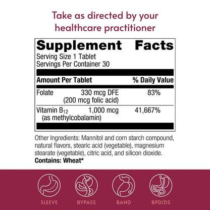 Bariatric Advantage B-12 Speedy Melts – Vitamin B12 1000 mcg mit Folsäure, Schwarz-Kirsche, 30 Stück