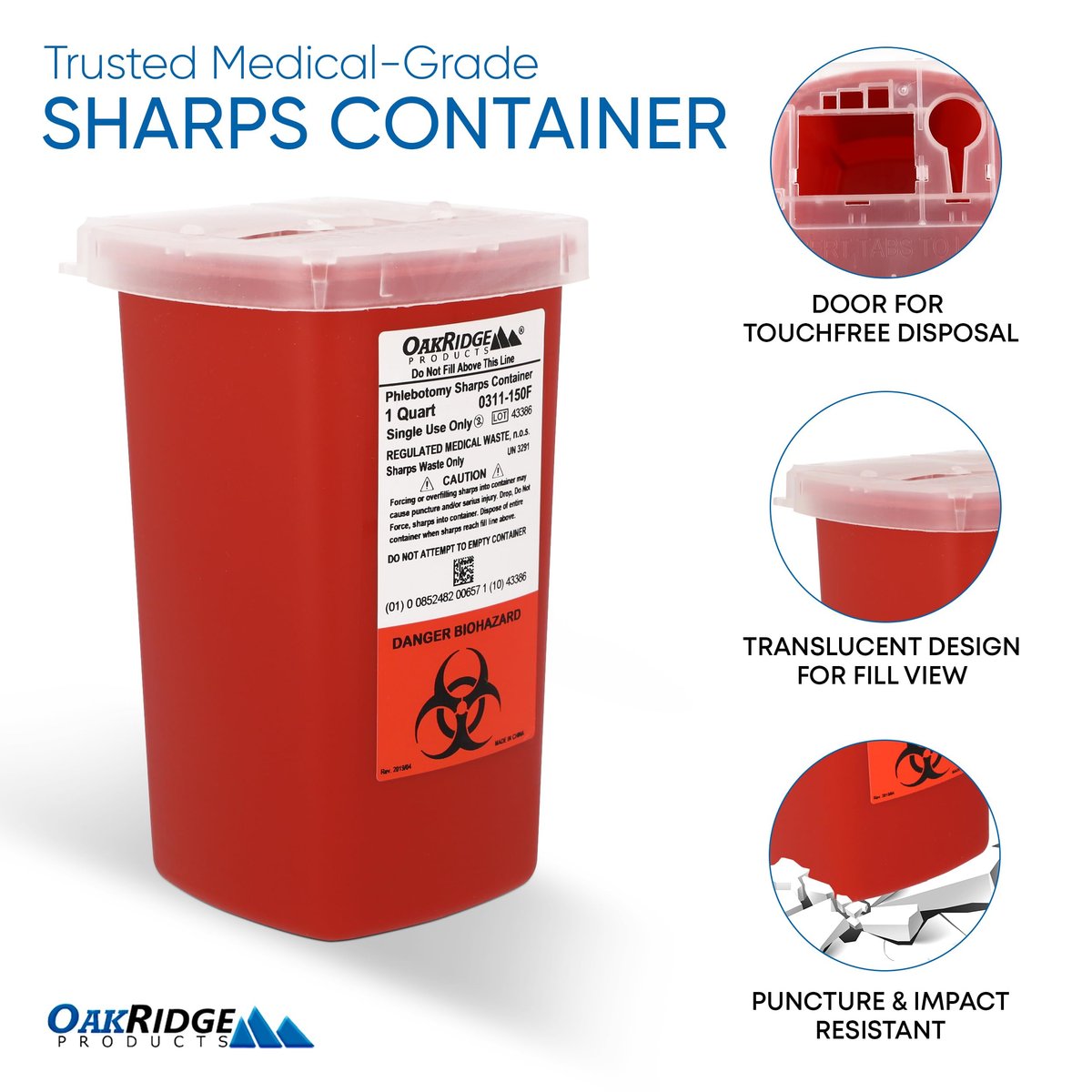 Oakridge Products Sharps Behälter für den Heimgebrauch und professionelle Nutzung 1 Quart (1er-Pack), Biohazard Nadel- und Spritzenentsorgung, Klappdeckel mit integriertem Nadelentferner, CDC-zertifiziert