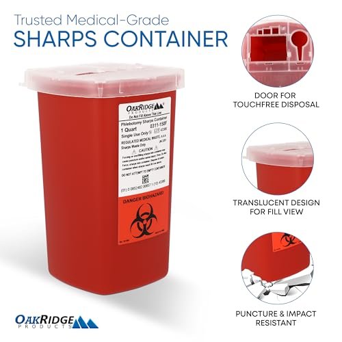 Oakridge Products Sharps Behälter für den Heimgebrauch und professionelle Nutzung 1 Quart (1er-Pack), Biohazard Nadel- und Spritzenentsorgung, Klappdeckel mit integriertem Nadelentferner, CDC-zertifiziert
