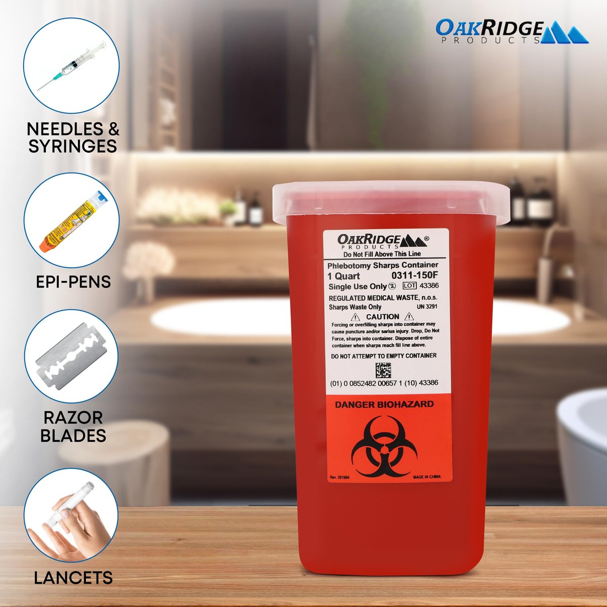 Oakridge Products Sharps Behälter für den Heimgebrauch und professionelle Nutzung 1 Quart (1er-Pack), Biohazard Nadel- und Spritzenentsorgung, Klappdeckel mit integriertem Nadelentferner, CDC-zertifiziert