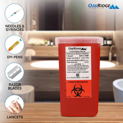 Oakridge Products Sharps Behälter für den Heimgebrauch und professionelle Nutzung 1 Quart (1er-Pack), Biohazard Nadel- und Spritzenentsorgung, Klappdeckel mit integriertem Nadelentferner, CDC-zertifiziert