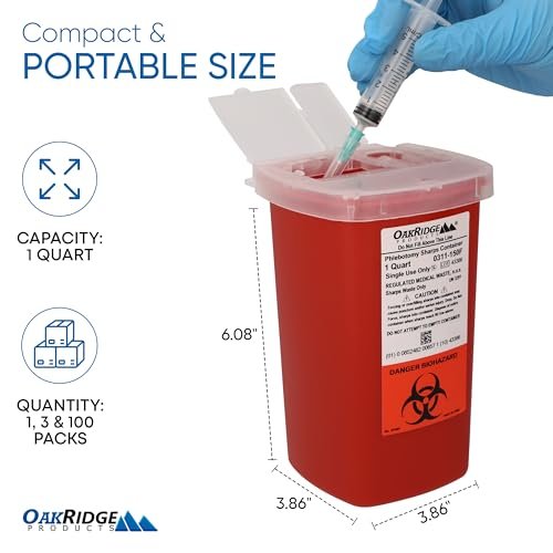 Oakridge Products Sharps Behälter für den Heimgebrauch und professionelle Nutzung 1 Quart (1er-Pack), Biohazard Nadel- und Spritzenentsorgung, Klappdeckel mit integriertem Nadelentferner, CDC-zertifiziert