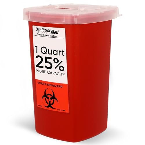Oakridge Products Sharps Behälter für den Heimgebrauch und professionelle Nutzung 1 Quart (1er-Pack), Biohazard Nadel- und Spritzenentsorgung, Klappdeckel mit integriertem Nadelentferner, CDC-zertifiziert