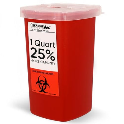 Oakridge Products Sharps Behälter für den Heimgebrauch und professionelle Nutzung 1 Quart (1er-Pack), Biohazard Nadel- und Spritzenentsorgung, Klappdeckel mit integriertem Nadelentferner, CDC-zertifiziert