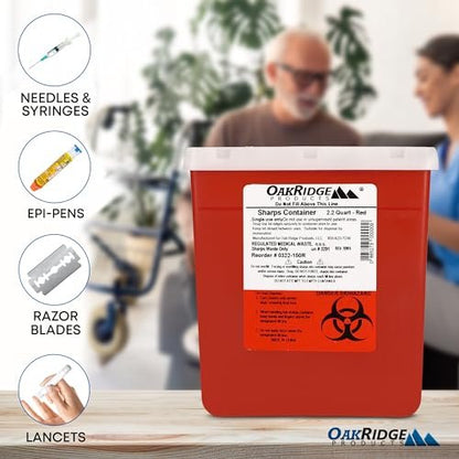 Oakridge Products Transparenter Behälter für spitze Gegenstände für den Hausgebrauch und professionelle Nutzung 2,2 Liter (1er-Pack), berührungslose Bioabfall-Entsorgung von Nadeln und Spritzen, drehbarer Deckel, CDC-zertifiziert