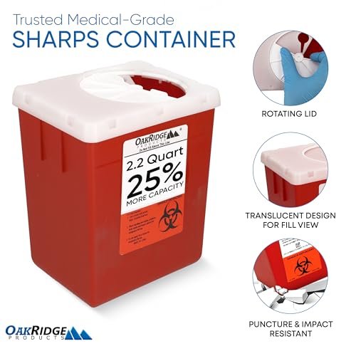 Oakridge Products Transparenter Behälter für spitze Gegenstände für den Hausgebrauch und professionelle Nutzung 2,2 Liter (1er-Pack), berührungslose Bioabfall-Entsorgung von Nadeln und Spritzen, drehbarer Deckel, CDC-zertifiziert