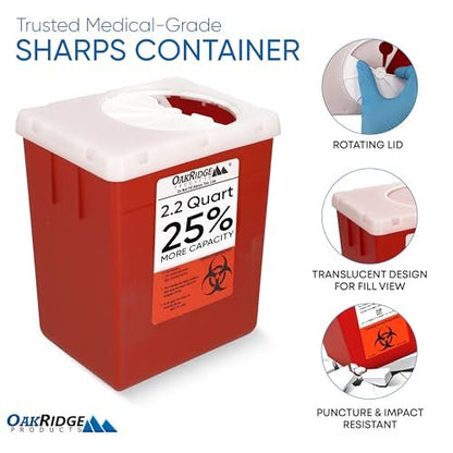 Oakridge Products Transparenter Behälter für spitze Gegenstände für den Hausgebrauch und professionelle Nutzung 2,2 Liter (1er-Pack), berührungslose Bioabfall-Entsorgung von Nadeln und Spritzen, drehbarer Deckel, CDC-zertifiziert