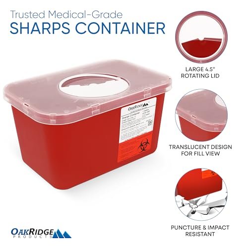 Oakridge Products Großer Sharps Behälter für den Heimgebrauch und professionelle Nutzung, 1 Gallone (1er-Pack), Biohazard Nadel- und Spritzenentsorgung, Drehdeckel, CDC-zertifiziert