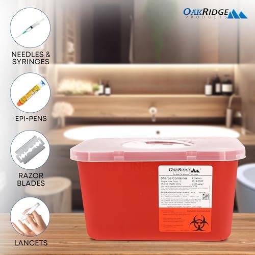 Oakridge Products Großer Behälter für scharfe Gegenstände für den Heimgebrauch und professionelle Nutzung 1 Gallone (2er-Pack), Biohazard-Nadel- und Spritzenentsorgung, Drehdeckel, CDC-zertifiziert