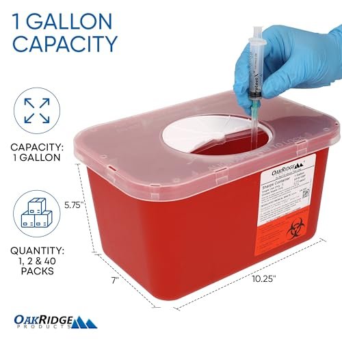 Oakridge Products Großer Sharps Behälter für den Heimgebrauch und professionelle Nutzung, 1 Gallone (1er-Pack), Biohazard Nadel- und Spritzenentsorgung, Drehdeckel, CDC-zertifiziert