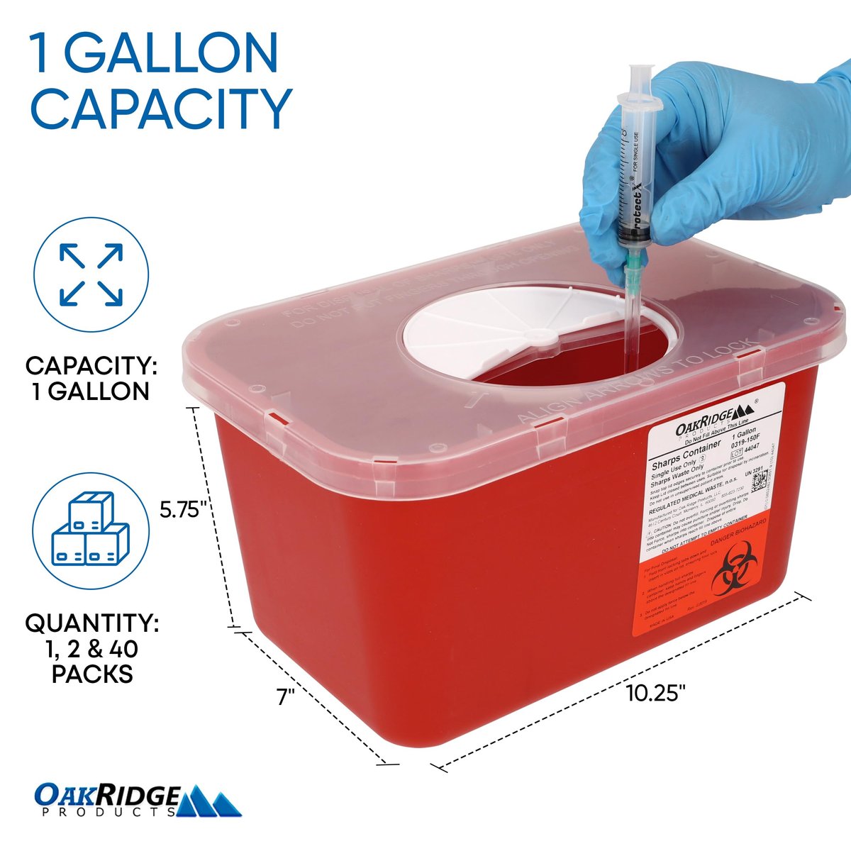 Oakridge Products Großer Sharps Behälter für den Heimgebrauch und professionelle Nutzung, 1 Gallone (1er-Pack), Biohazard Nadel- und Spritzenentsorgung, Drehdeckel, CDC-zertifiziert
