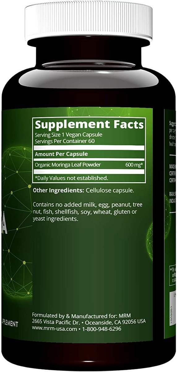 MRM Nutrition Moringa-Blatt-Kapseln – 600 mg Bio-Moringa für Männer & Frauen – Vegan, glutenfrei & nicht genetisch verändert – 60 Portionen