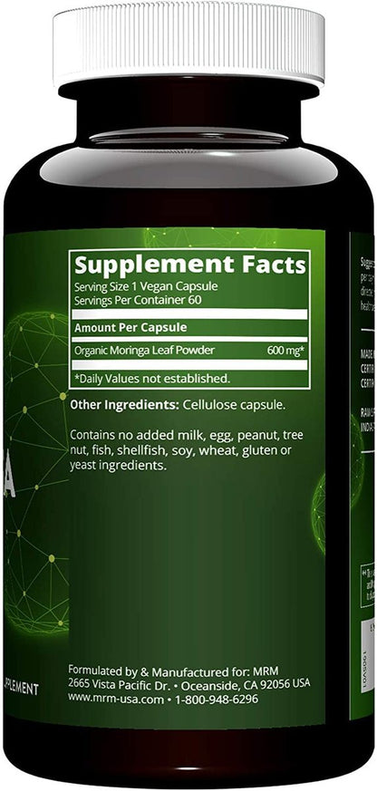 MRM Nutrition Moringa-Blatt-Kapseln – 600 mg Bio-Moringa für Männer & Frauen – Vegan, glutenfrei & nicht genetisch verändert – 60 Portionen