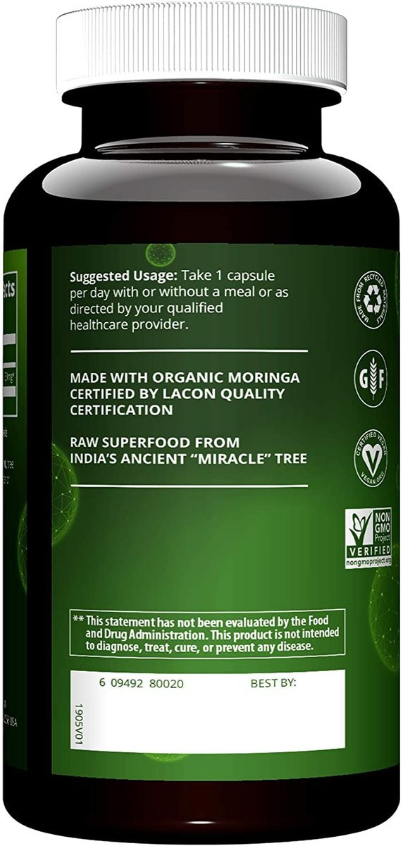 MRM Nutrition Moringa-Blatt-Kapseln – 600 mg Bio-Moringa für Männer & Frauen – Vegan, glutenfrei & nicht genetisch verändert – 60 Portionen