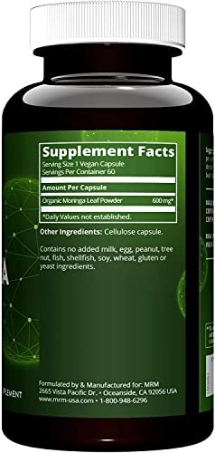 MRM Nutrition Moringa-Blatt-Kapseln – 600 mg Bio-Moringa für Männer & Frauen – Vegan, glutenfrei & nicht genetisch verändert – 60 Portionen