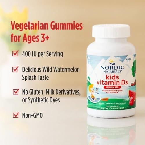 Nordic Naturals Vitamin D3 Gummis für Kinder, Wild Watermelon Splash - 60 Gummis - 400 IE Vitamin D3 - Knochengesundheit, gesundes Immunsystem - Nicht-GVO, vegetarisch - 60 Portionen