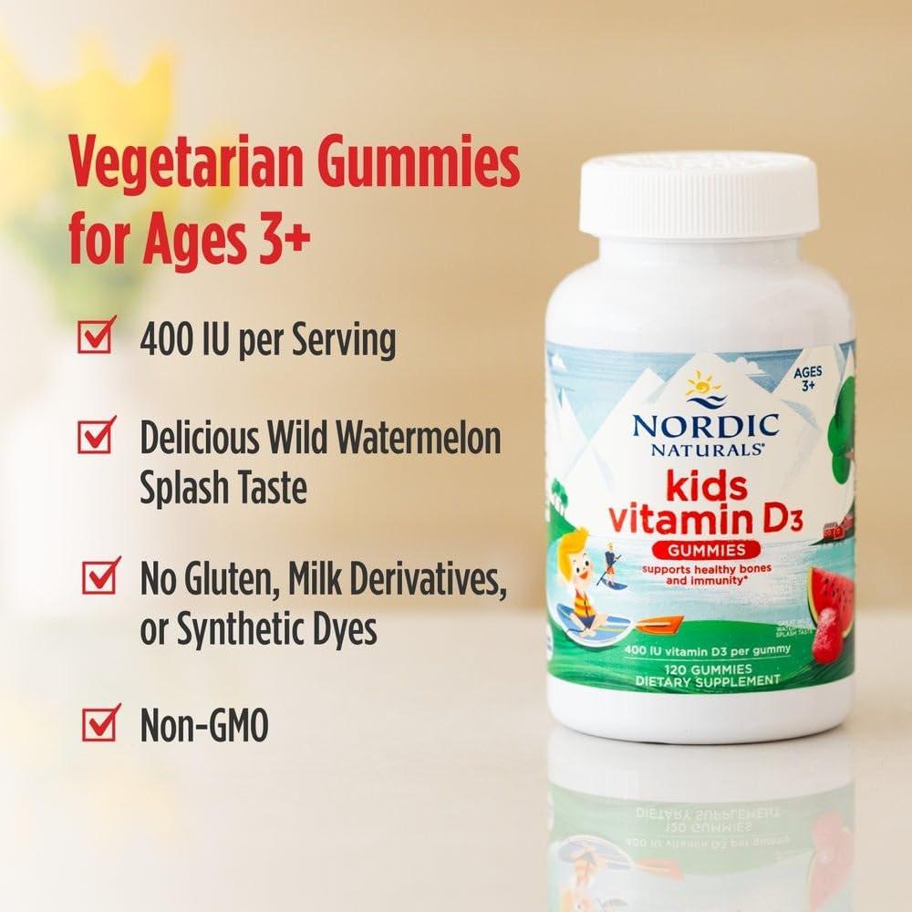 Nordic Naturals Vitamin D3 Gummis für Kinder, Wild Watermelon Splash - 60 Gummis - 400 IE Vitamin D3 - Knochengesundheit, gesundes Immunsystem - Nicht-GVO, vegetarisch - 60 Portionen
