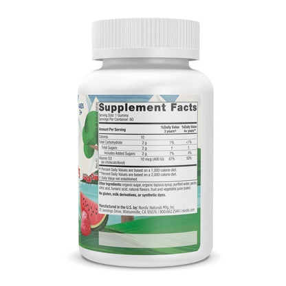 Nordic Naturals Vitamin D3 Gummis für Kinder, Wild Watermelon Splash - 60 Gummis - 400 IE Vitamin D3 - Knochengesundheit, gesundes Immunsystem - Nicht-GVO, vegetarisch - 60 Portionen
