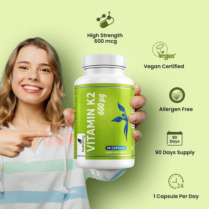 NutriZing Vitamin K2 MK7 600mcg – 90 vegane Kapseln für Knochen- und Arteriengesundheit, 3-Monats-Vorrat