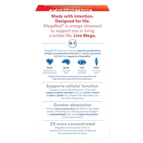 MegaRed Omega 3 Fischöl & Antarktisches Krillöl Softgels – Unterstützung für Gehirn, Herz, Gelenke & Augen (80 Kapseln), Konzentrierte Omega-3-Fettsäuren mit EPA, DHA & Phospholipiden