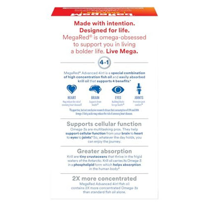 MegaRed Omega 3 Fischöl & Antarktisches Krillöl Softgels – Unterstützung für Gehirn, Herz, Gelenke & Augen (80 Kapseln), Konzentrierte Omega-3-Fettsäuren mit EPA, DHA & Phospholipiden