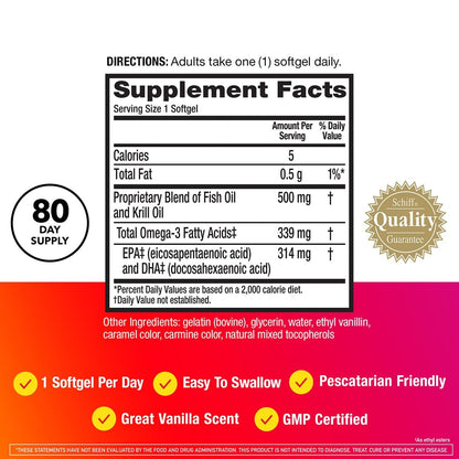 MegaRed Omega 3 Fischöl & Antarktisches Krillöl Softgels – Unterstützung für Gehirn, Herz, Gelenke & Augen (80 Kapseln), Konzentrierte Omega-3-Fettsäuren mit EPA, DHA & Phospholipiden