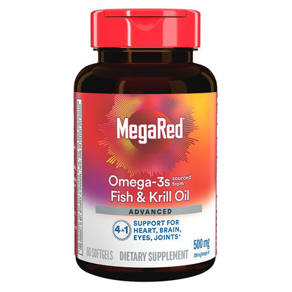 MegaRed Omega 3 Fischöl & Antarktisches Krillöl Softgels – Unterstützung für Gehirn, Herz, Gelenke & Augen (80 Kapseln), Konzentrierte Omega-3-Fettsäuren mit EPA, DHA & Phospholipiden