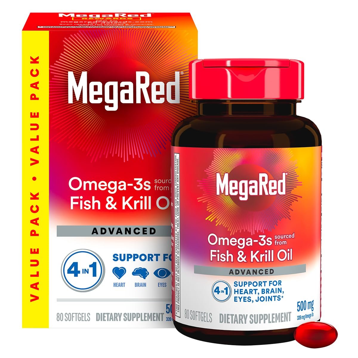 MegaRed Omega 3 Fischöl & Antarktisches Krillöl Softgels – Unterstützung für Gehirn, Herz, Gelenke & Augen (80 Kapseln), Konzentrierte Omega-3-Fettsäuren mit EPA, DHA & Phospholipiden