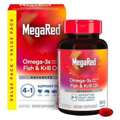 MegaRed Omega 3 Fischöl & Antarktisches Krillöl Softgels – Unterstützung für Gehirn, Herz, Gelenke & Augen (80 Kapseln), Konzentrierte Omega-3-Fettsäuren mit EPA, DHA & Phospholipiden