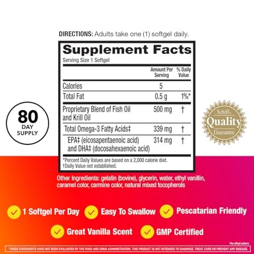 MegaRed Omega 3 Fischöl & Antarktisches Krillöl Softgels – Unterstützung für Gehirn, Herz, Gelenke & Augen (80 Kapseln), Konzentrierte Omega-3-Fettsäuren mit EPA, DHA & Phospholipiden