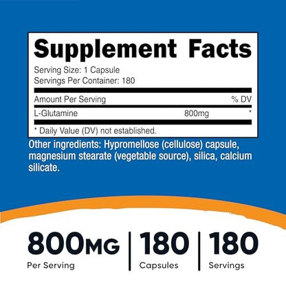 Nutricost L-Glutamin 800mg, 180 Kapseln – Glutenfrei, Non-GMO, Aminosäure-Präparat