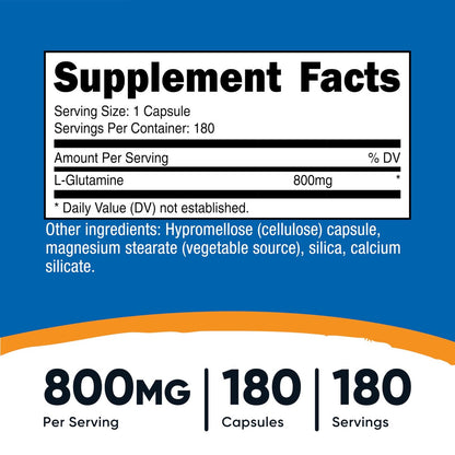Nutricost L-Glutamin 800mg, 180 Kapseln – Glutenfrei, Non-GMO, Aminosäure-Präparat